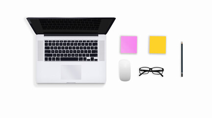 Modern workspace with a smartphone, paper, laptop, tablet and laptop on a white colored background. Top view. Flat styling style