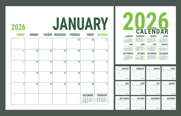 Calendar 2026 year. English planner template. Vector square grid. Office business planning. Creative design. Green color