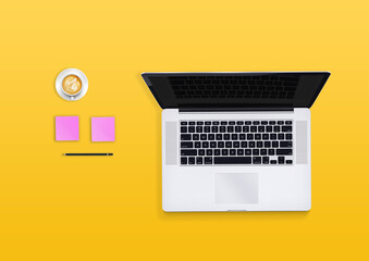 Modern workspace with coffee cup, smartphone, paper, notebook, tablet and laptop copy space on white color background. Top view. Flat lay style