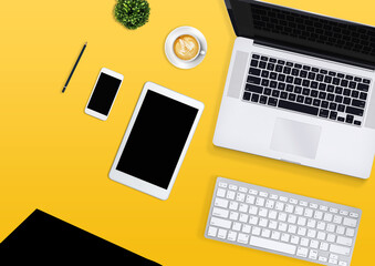 
Modern workspace with coffee cup, smartphone, paper, notebook, tablet and laptop copy space on white color background. Top view