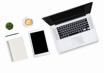 Top view. Flat styling style.Modern workspace with a smartphone, paper, laptop, tablet and laptop on a white colored background.