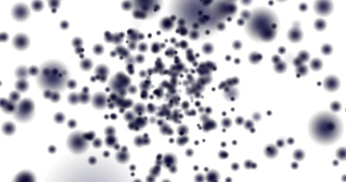Black blurred circles bokeh flying on white background. Motion animation of blurred circles. Defocused effect. Horizontal composition, 4k video quality