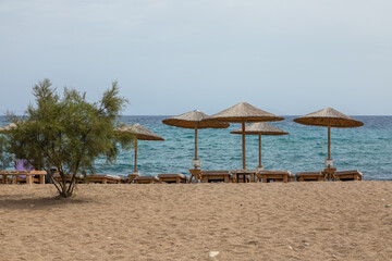 View of the sandy Soros Beach, Antiparos island, Greece.