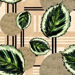 Pattern with geometric background, white lines, fabric texture overlaid by tropical green leaves.