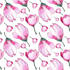 Watercolor illustration. Seamless pattern of pink magnolia flowers on a white background