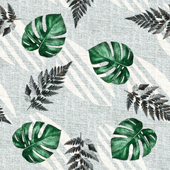 Pattern with geometric background, white shapes, fabric texture in blue, overlaid by green tropical leaves.