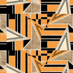 Geometric pattern with fabric texture. Black, orange shapes. Abstract art.