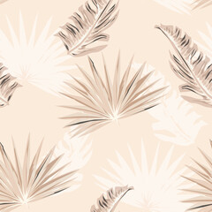 Tropical leaves pattern with beige background.