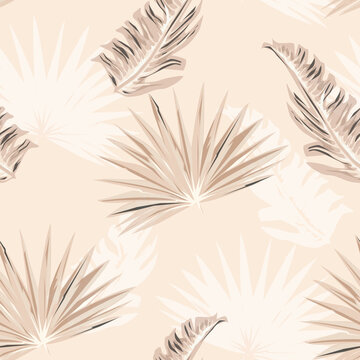 Tropical leaves pattern with beige background. © Lucas Mors