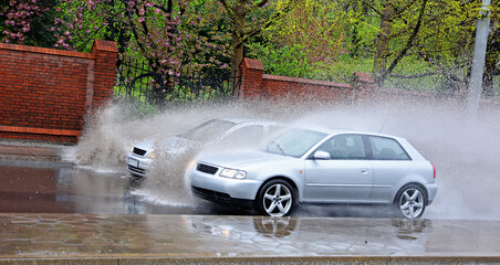 Samochód wpada w kałużę wody na jezdni powodująć rozbryzg.  - obrazy, fototapety, plakaty