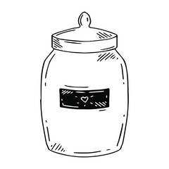 Vector set of doodle style jars of different shapes and sizes. Black jars with labels.