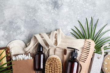 Set of natural skin care products and eco friendly bathroom accessories.