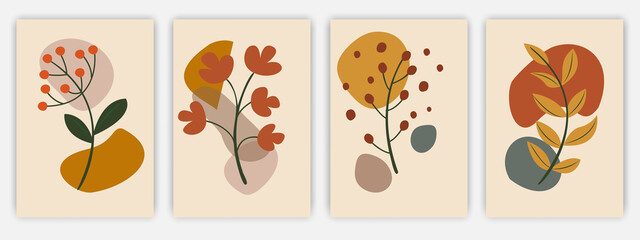 Set of art Abstract colored social media covers, flowers, autumn leaves and plants.