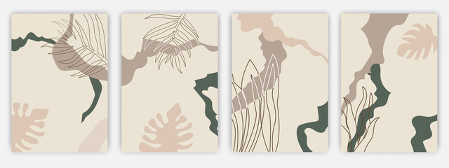 Set of art Abstract colored social media covers, flowers, autumn leaves and plants posters in pastel colors.