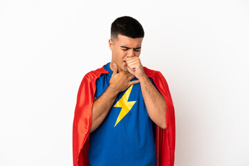 Super Hero over isolated white background is suffering with cough and feeling bad