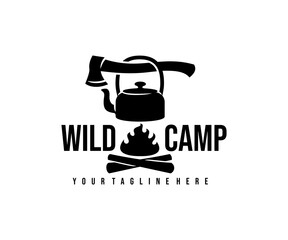 Camp, camping, ax, kettle and bonfire with fire, logo design. Hiking, adventure, survival and tourism, vector design and illustration