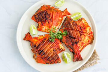 Tandoori Fish/Grilled Fish, Fish Appetizer Top Down Close Up Photo