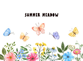 Watercolor wild flowers and herbs border illustration. Pretty wildflower meadow frame with flying butterflies on white background. Colorful flowers, green leaves, grass painting. Botanical print.
