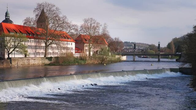 A flowing water of Weser River in Hameln, Germany in HD