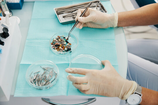 Prophy brush taken out of glass plate with forceps