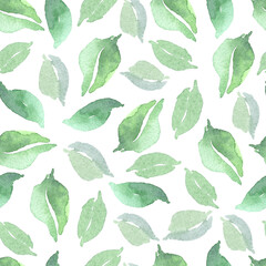 Watercolor green leaves background. Seamless pattern