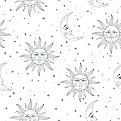 Vector magic seamless pattern with sun moon and stars. Hand draw pattern on a white background