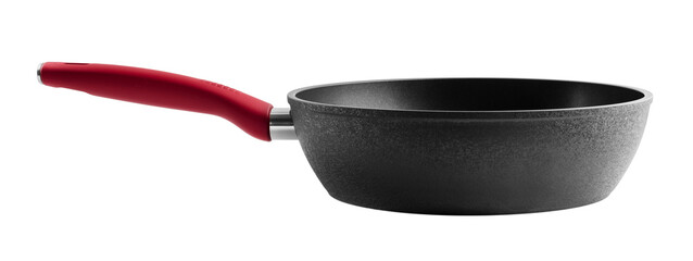 Black frying pan with a red handle on a white background, side view. Isolated object