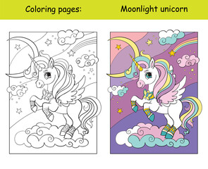 Cute unicorn with wings on a cloud coloring vector and template © alinart