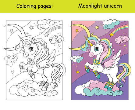 Cute unicorn with wings on a cloud coloring vector and template