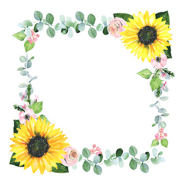 Watercolor frame with greenery and sunflower. Hand drawn border