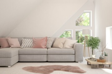 White living room with sofa and summer landscape in window. Scandinavian interior design. 3D illustration