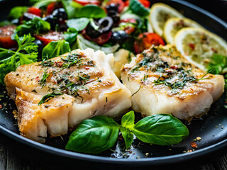 Fish dish - fried cod fillet with fresh vegetable salad on wooden table
