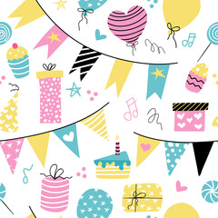Birthday decor, balloons, cakes, gifts, holiday flags. Vector seamless pattern on a white background. Wallpaper, packaging paper design