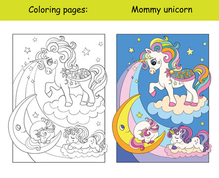 Mommy unicorn with two sleeping babies coloring