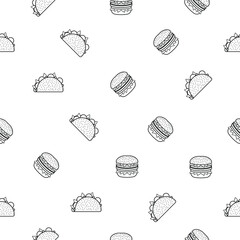 Abstract Doodle Seamless Pattern Hand Drawn Fast Food Elements Pizza Hamburger Snack Drink Croissant Vector Design Style Background Illustration Icons