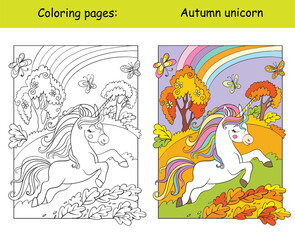 Cute running unicorn in the autumn forest coloring