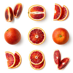 Set of fresh whole, half and sliced red blood orange fruit