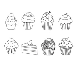 cute hand drawn Doodle cupcakes set. vector illustration
