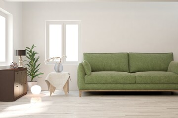 White living room with sofa. Scandinavian interior design. 3D illustration