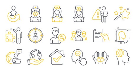 Set of People icons, such as Share, Search people, Save planet symbols. Engineering, Head, Select user signs. Oculist doctor, Strategy, Headhunting. Group, Nurse, Hospital nurse. Hold box. Vector