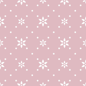 Abstract geometric diagonal seamless pattern. Whit flowers with six petals on dusty pink background. Simple vector illustration. Polka dot floral design for print on textile, paper