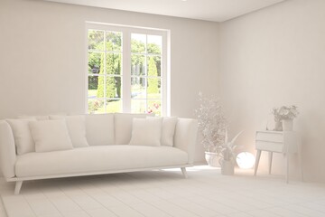 White living room with sofa and summer landscape in window. Scandinavian interior design. 3D illustration