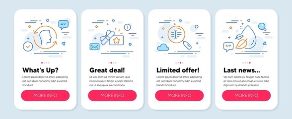 Fototapeta premium Set of Business icons, such as Face id, Search text, Loyalty gift symbols. Mobile screen app banners. Water drop line icons. Identification system, Find word, Bonus award. Serum oil. Vector