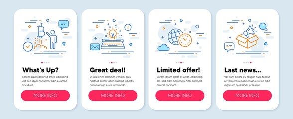 Set of Technology icons, such as Bitcoin project, Typewriter, Time management symbols. Mobile screen app banners. Megaphone box line icons. Cryptocurrency startup, Inspiration, World clock. Vector