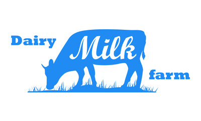 Milk, cow. Logo with cow silhouette, text Milk, Dairy farm