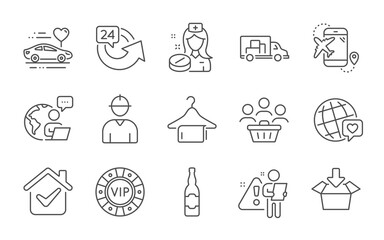 Flight destination, Vip chip and World brand line icons set. Nurse, Clean towel and 24 hours signs. Buyers, Honeymoon travel and Truck transport symbols. Engineer, Get box and Beer bottle. Vector