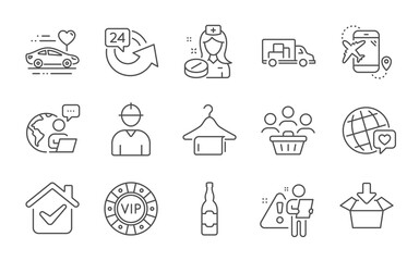 Flight destination, Vip chip and World brand line icons set. Nurse, Clean towel and 24 hours signs. Buyers, Honeymoon travel and Truck transport symbols. Engineer, Get box and Beer bottle. Vector