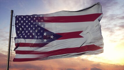 Ohio and USA flag on flagpole. USA and Ohio Mixed Flag waving in wind. 3d rendering