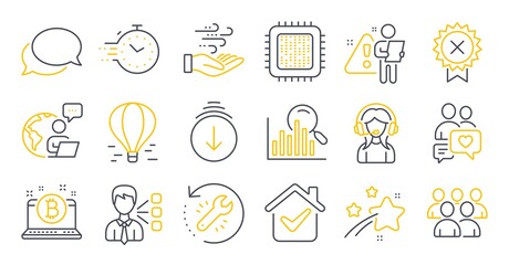 Set of Technology icons, such as Scroll down, Support, Dating chat symbols. Cpu processor, Timer, Reject medal signs. Third party, Air balloon, Search. Wind energy, Recovery tool, Bitcoin. Vector