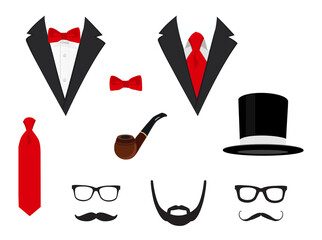 Men's jackets. Tuxedo with mustaches, glasses, beard, pipe and top hat.